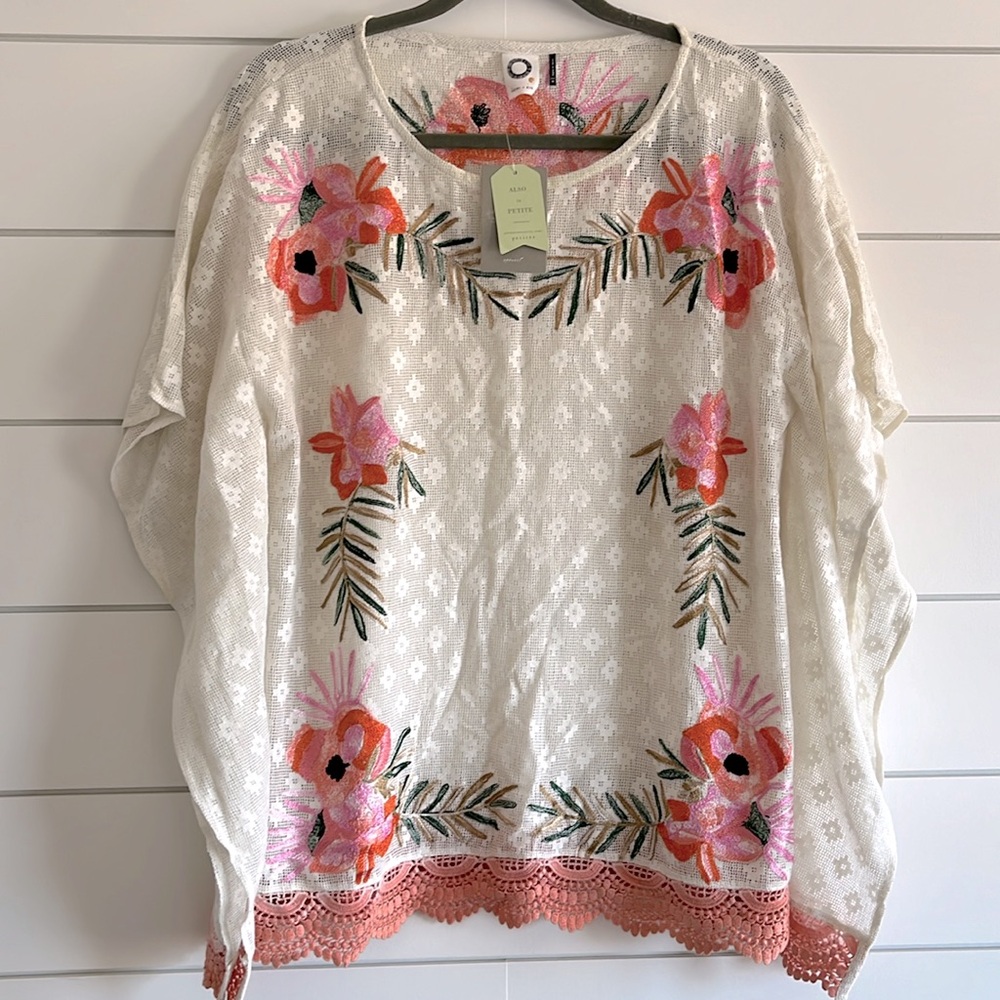 Anthropologie Cream Boxy Blouse with Embellished Floral Design